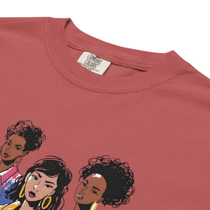 Red t-shirt with illustrations of three women on a white background