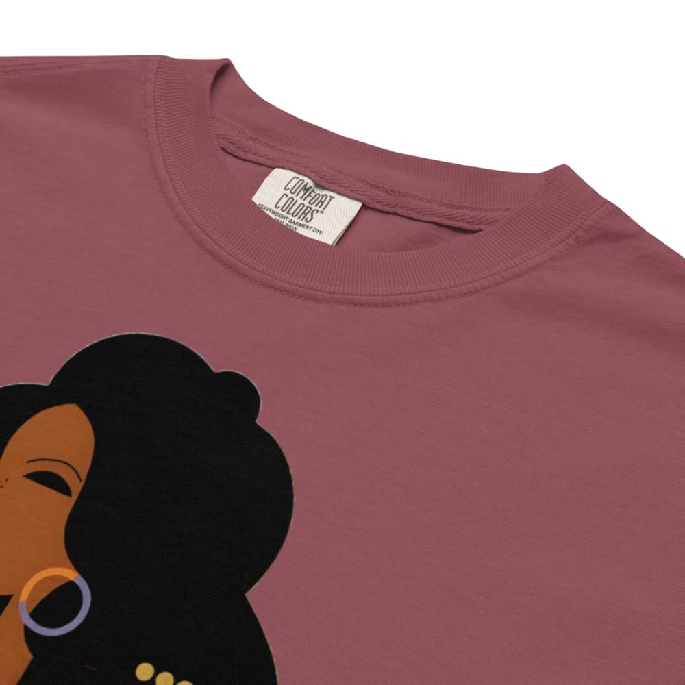Maroon t-shirt with a graphic of a woman's face and 'Comfort Colors' label.
