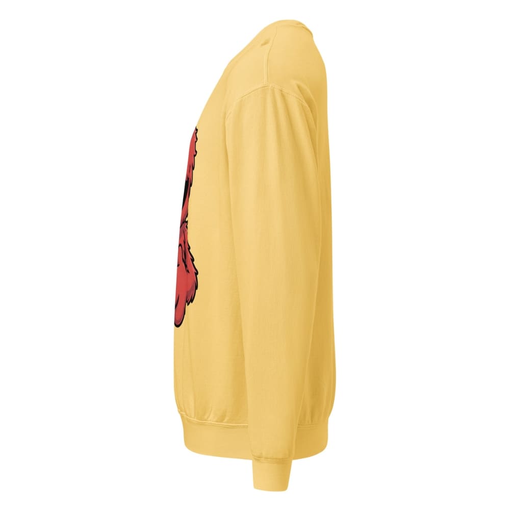 Yellow sweatshirt with a red graphic on the sleeve against a white background