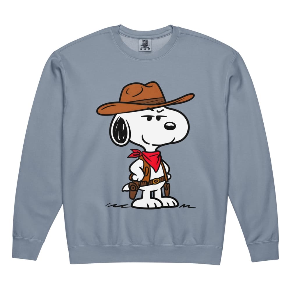 Snoopy as a cowboy on a blue sweatshirt with a white background