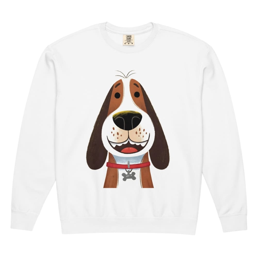 White long-sleeve shirt with a cartoon dog design on a white background