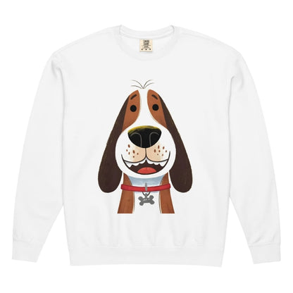 White long-sleeve shirt with a cartoon dog design on a white background