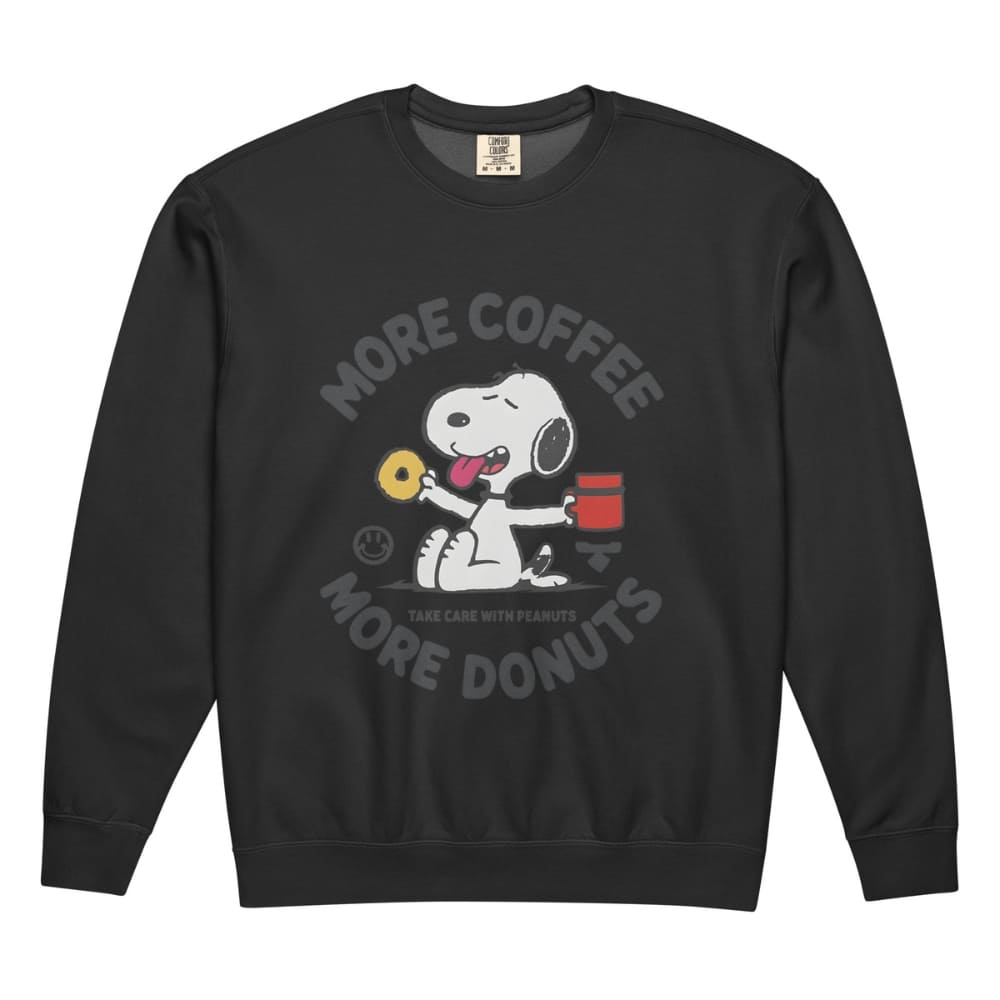 Black sweatshirt with Snoopy graphic and text 'More Coffee, More Donuts' on a white background