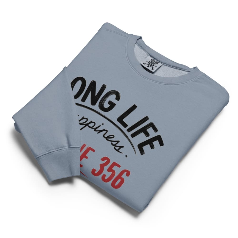 Folded light blue sweatshirt with text on a white background