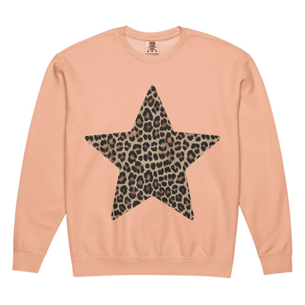 Peach-colored sweatshirt with a leopard print star on a white background