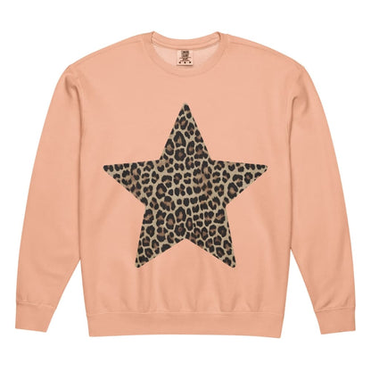 Peach-colored sweatshirt with a leopard print star on a white background