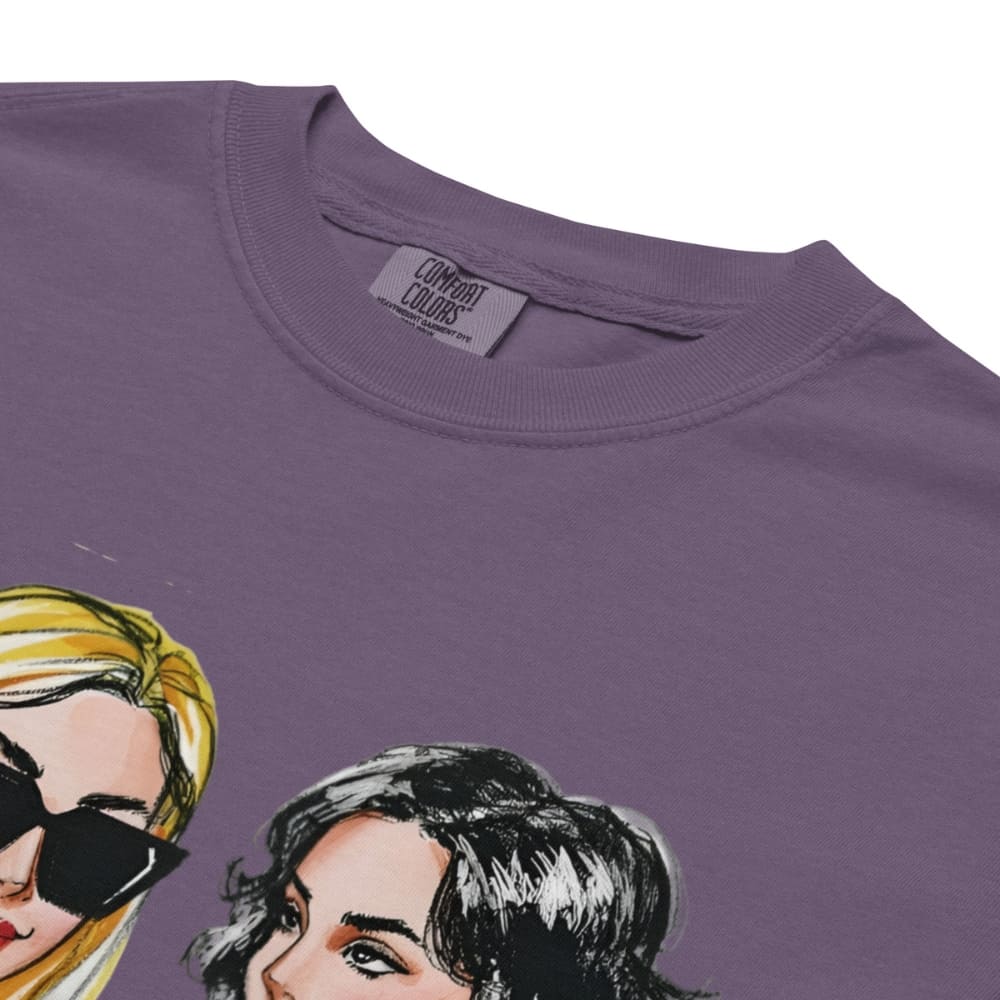 Purple t-shirt with illustrations of two women's faces and 'Comfort Colors' label.