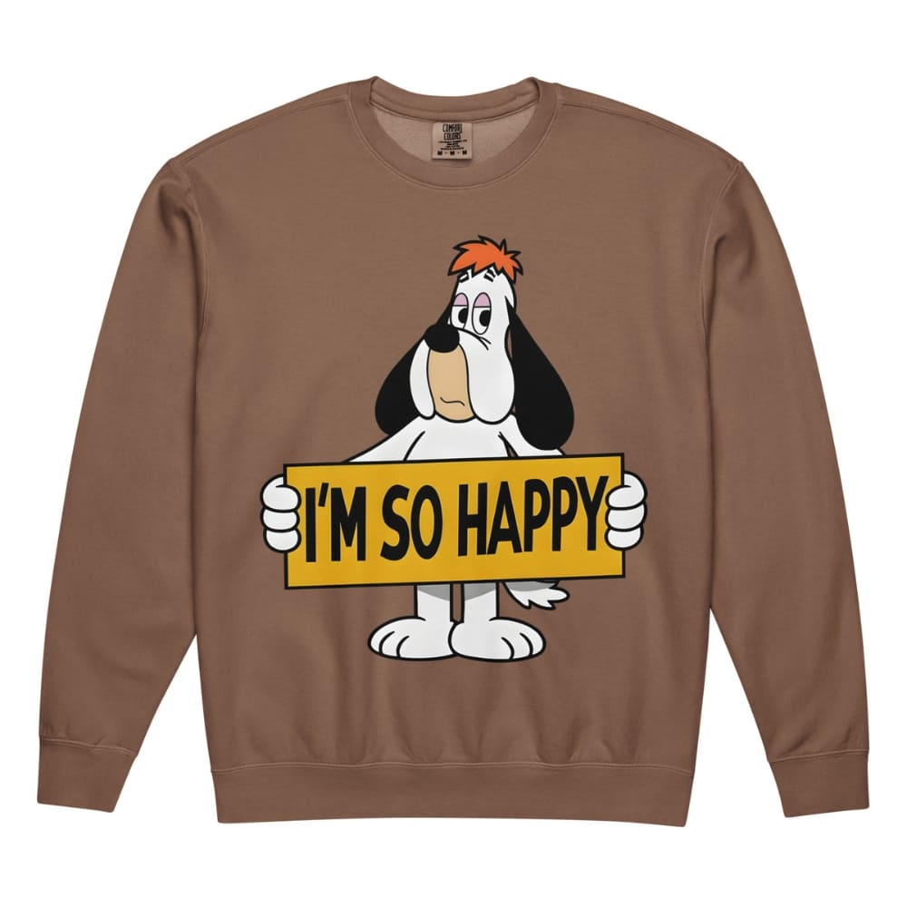 Brown sweatshirt with cartoon character holding 'I'm So Happy' sign on a white background