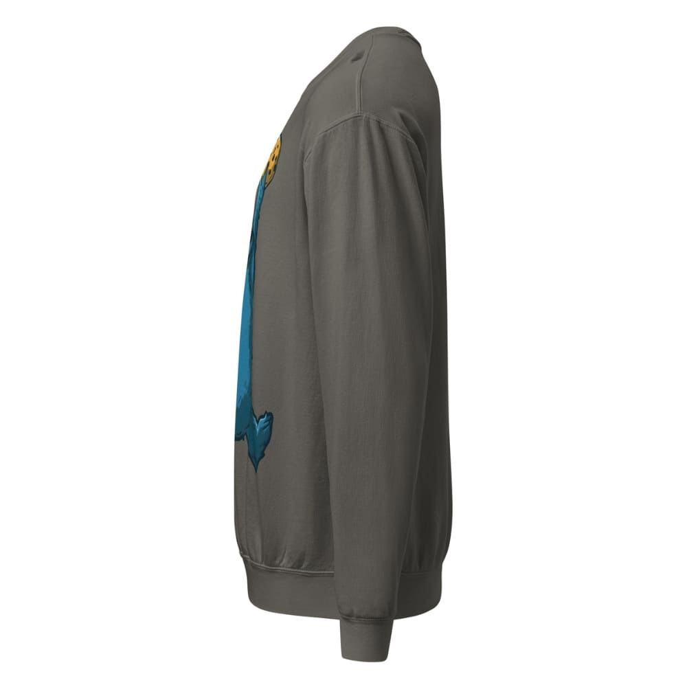 Gray sweatshirt with a logo on the sleeve against a white background