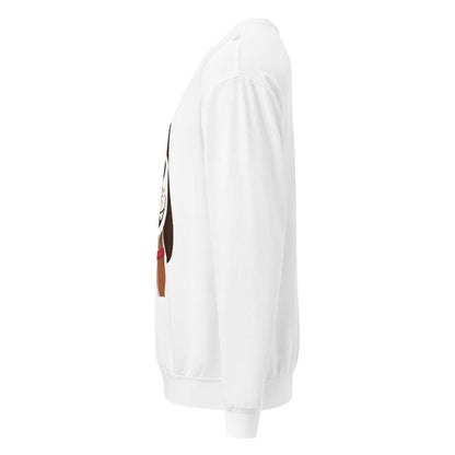 White sweatshirt with colorful graphic on the sleeve against a white background