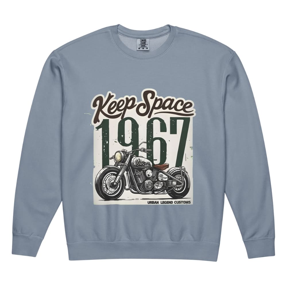 Blue sweatshirt with motorcycle graphic and 'Keep Space 1967' text on a white background