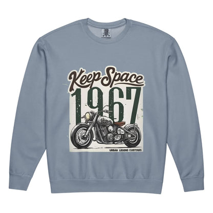 Blue sweatshirt with motorcycle graphic and 'Keep Space 1967' text on a white background