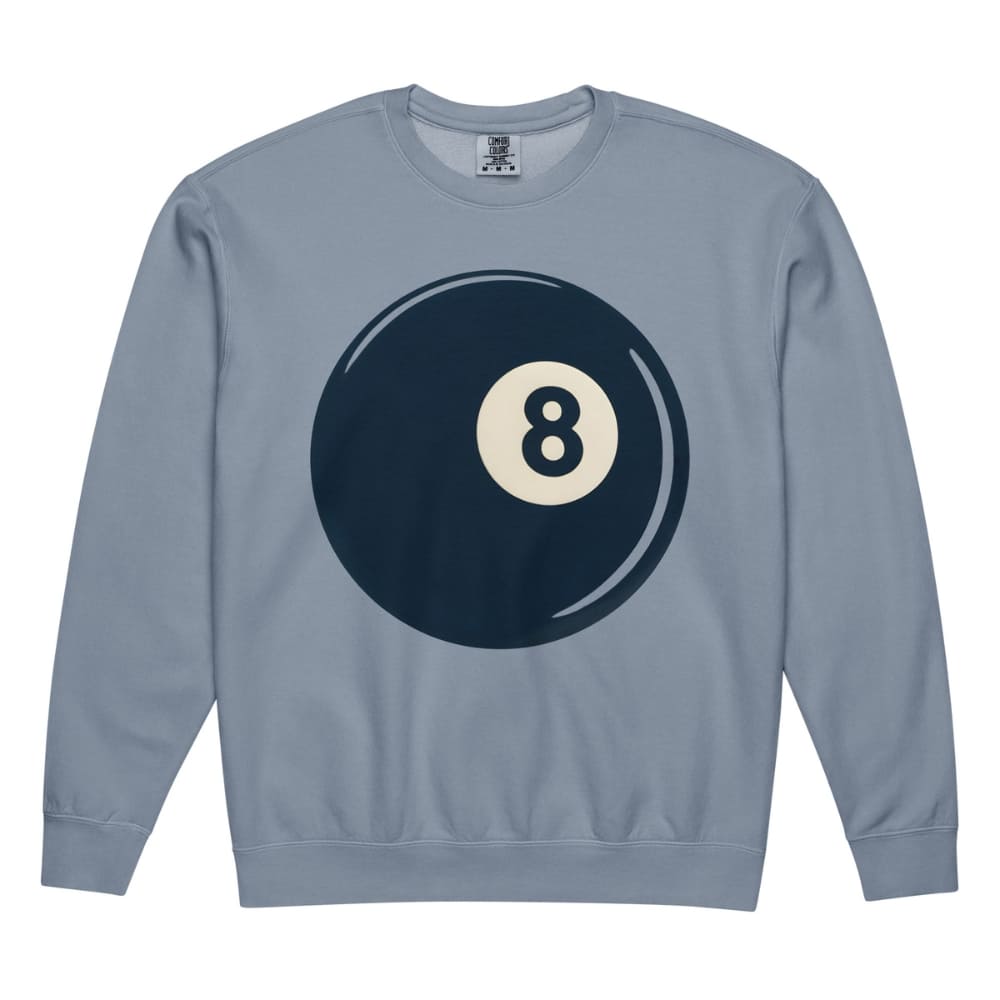 Blue sweatshirt with an 8-ball design on a white background