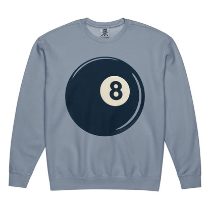 Blue sweatshirt with an 8-ball design on a white background