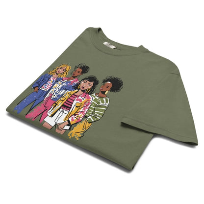 Green t-shirt with colorful graphic of four women on a white background