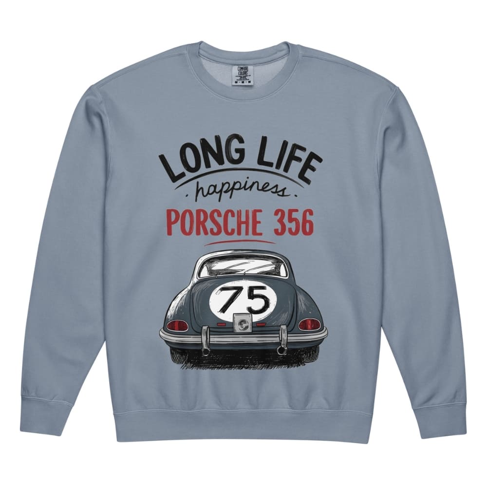 Blue sweatshirt with Porsche 356 design and text on a white background