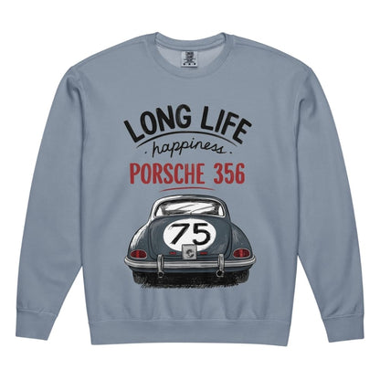Blue sweatshirt with Porsche 356 design and text on a white background