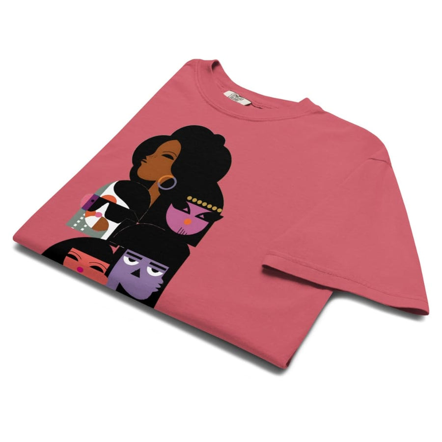 Pink t-shirt with graphic design of a woman and child on a white background