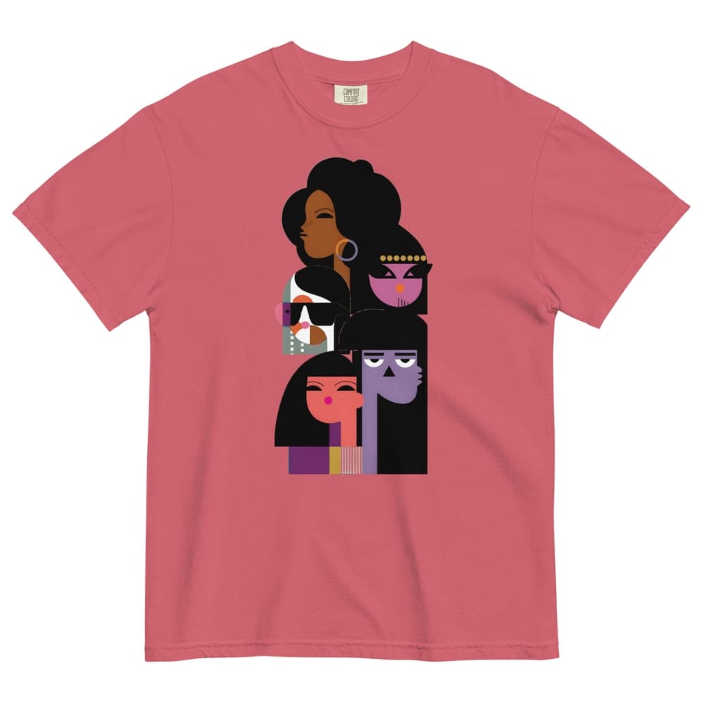 Pink t-shirt with artistic depiction of women on a white background