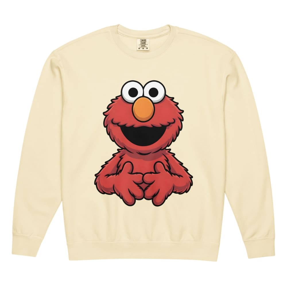 Beige sweatshirt with a red character design on a white background