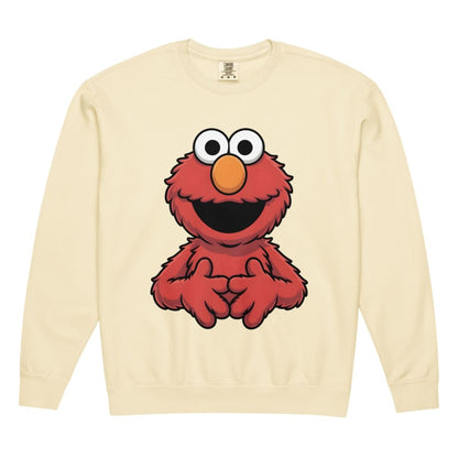 Beige sweatshirt with a red character design on a white background