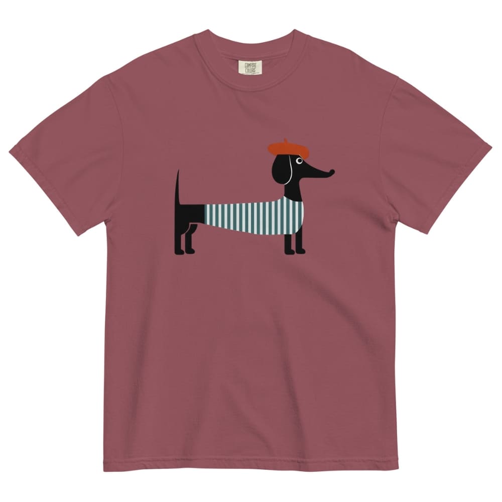 Brick t-shirt with a dachshund graphic wearing a striped sweater and red cap on a white background