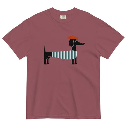 Brick t-shirt with a dachshund graphic wearing a striped sweater and red cap on a white background