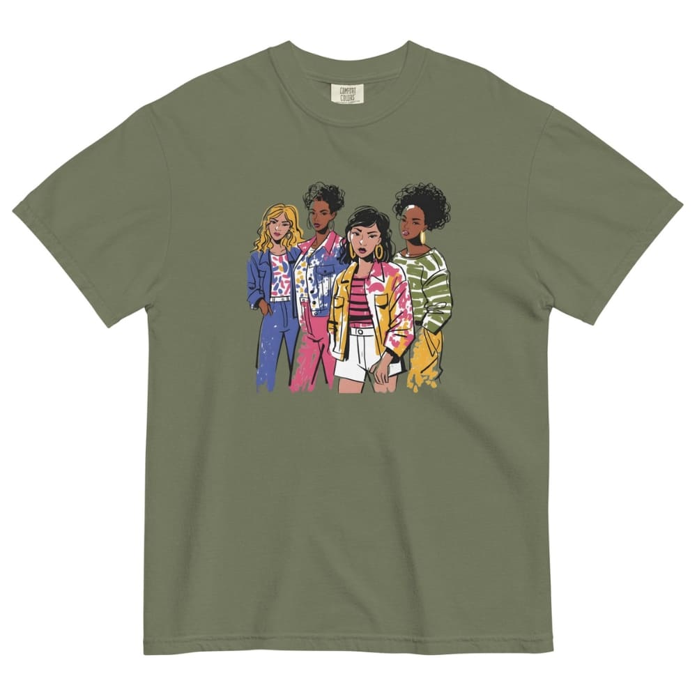 Green t-shirt with colorful graphic of four women on a white background