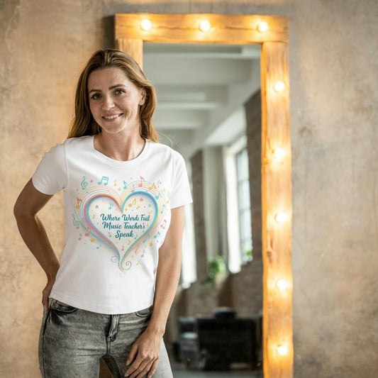 Music Teacher Gift – Where Words Fail, Music Teacher’s Speak – Colorful Heart Music Notes Design – Inspirational Quote