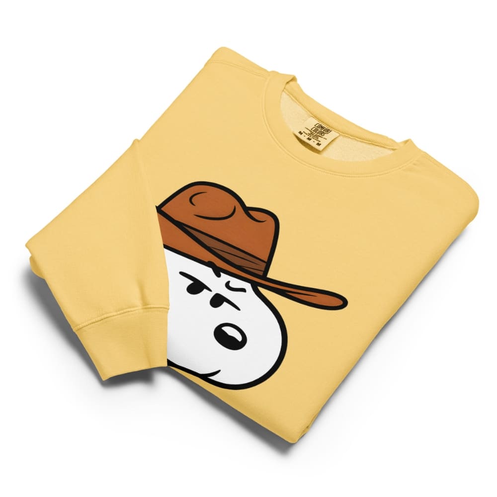 Yellow sweatshirt with cartoon character wearing a brown hat on a white background