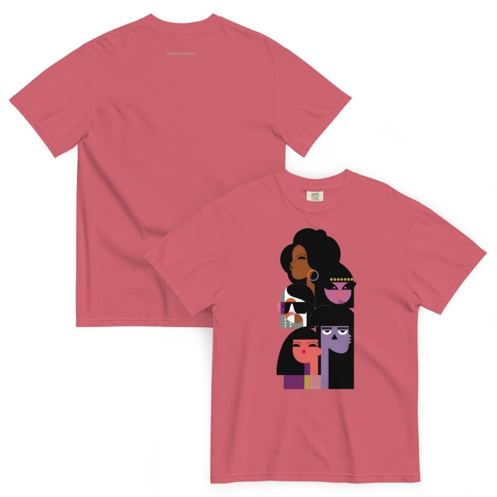 Pink t-shirt with a graphic design of a woman's face on a white background