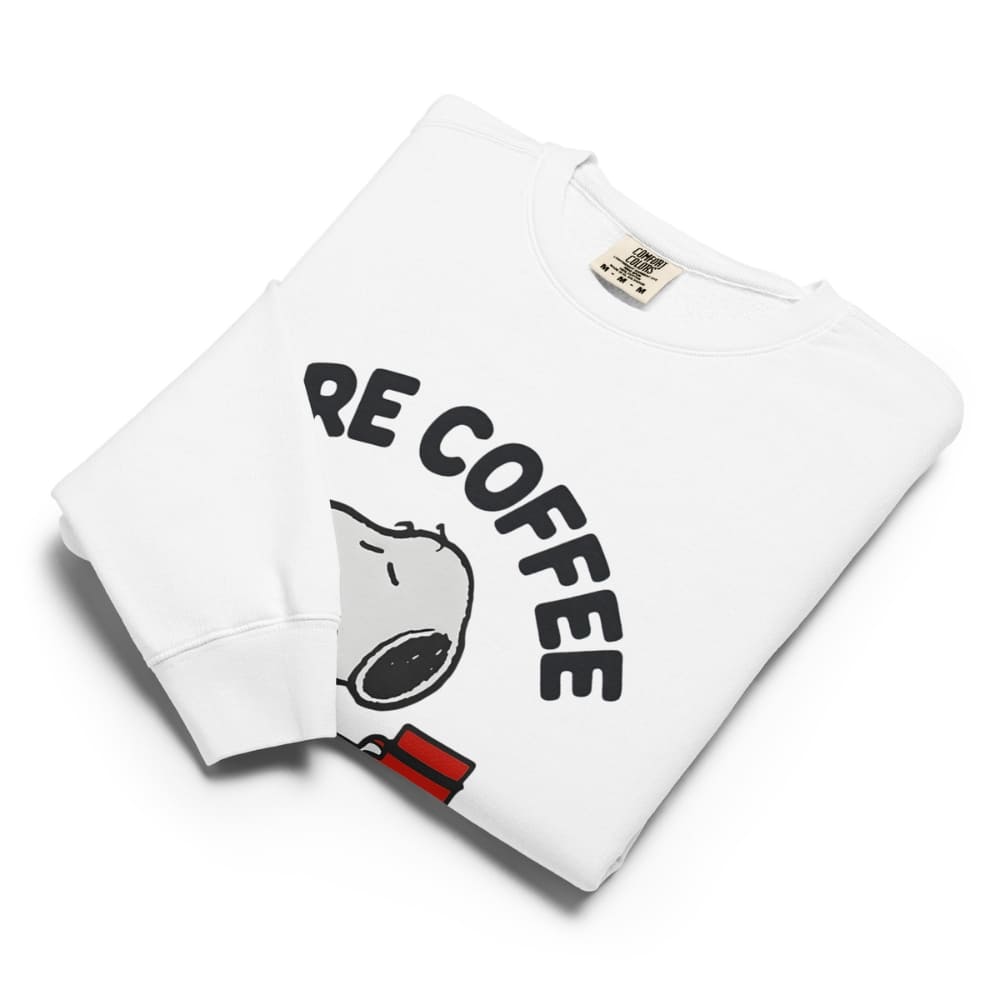White sweatshirt with 'Be Coffee' text and graphic on a white background