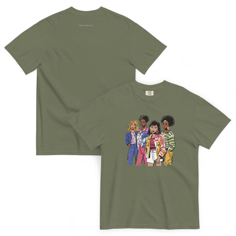 Olive green t-shirt with a colorful graphic of four people on a white background