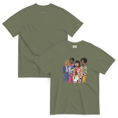 Olive green t-shirt with a colorful graphic of four people on a white background