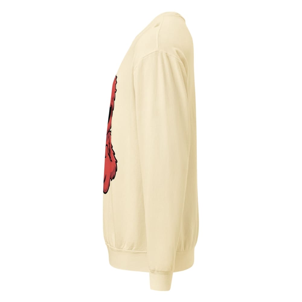 Beige sweatshirt with a red graphic on the back against a white background