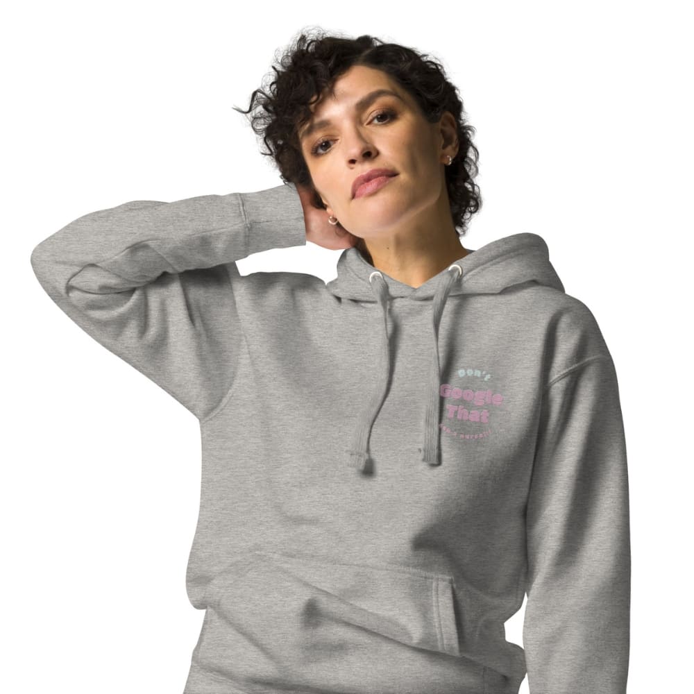 Funny embroidered nurse hoodie with pastel text saying "Don't Google That – Ask a Nurse", perfect gift for healthcare workers and nurses, Cotton Heritage