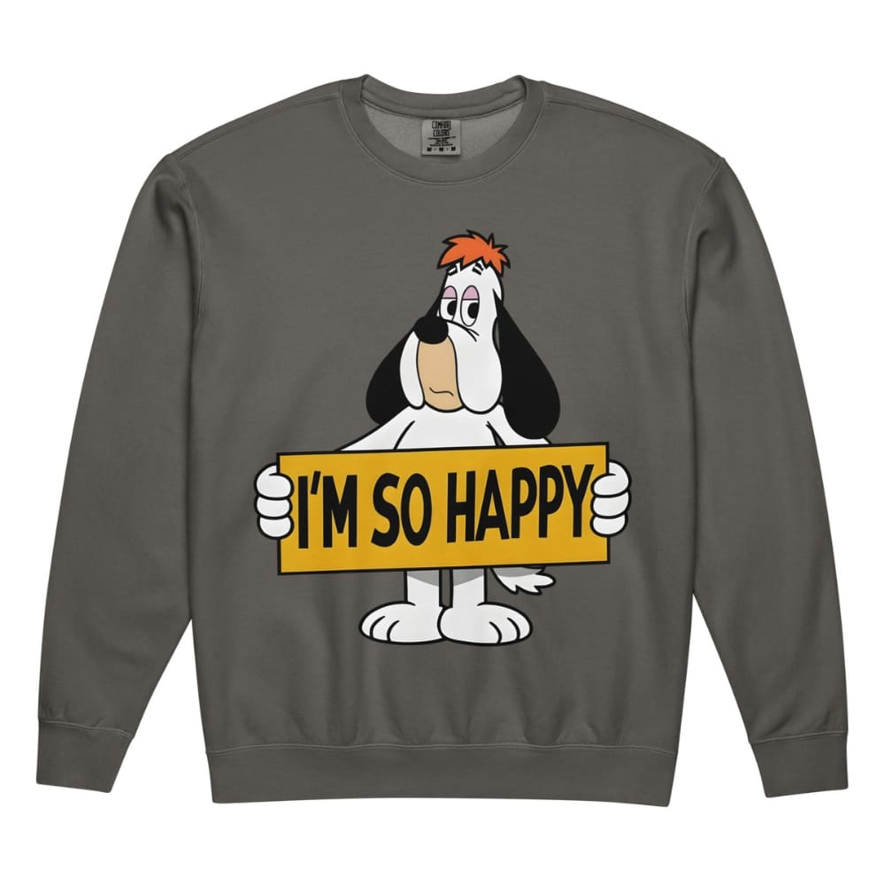 Gray sweatshirt with cartoon character holding 'I'm So Happy' sign on a white background
