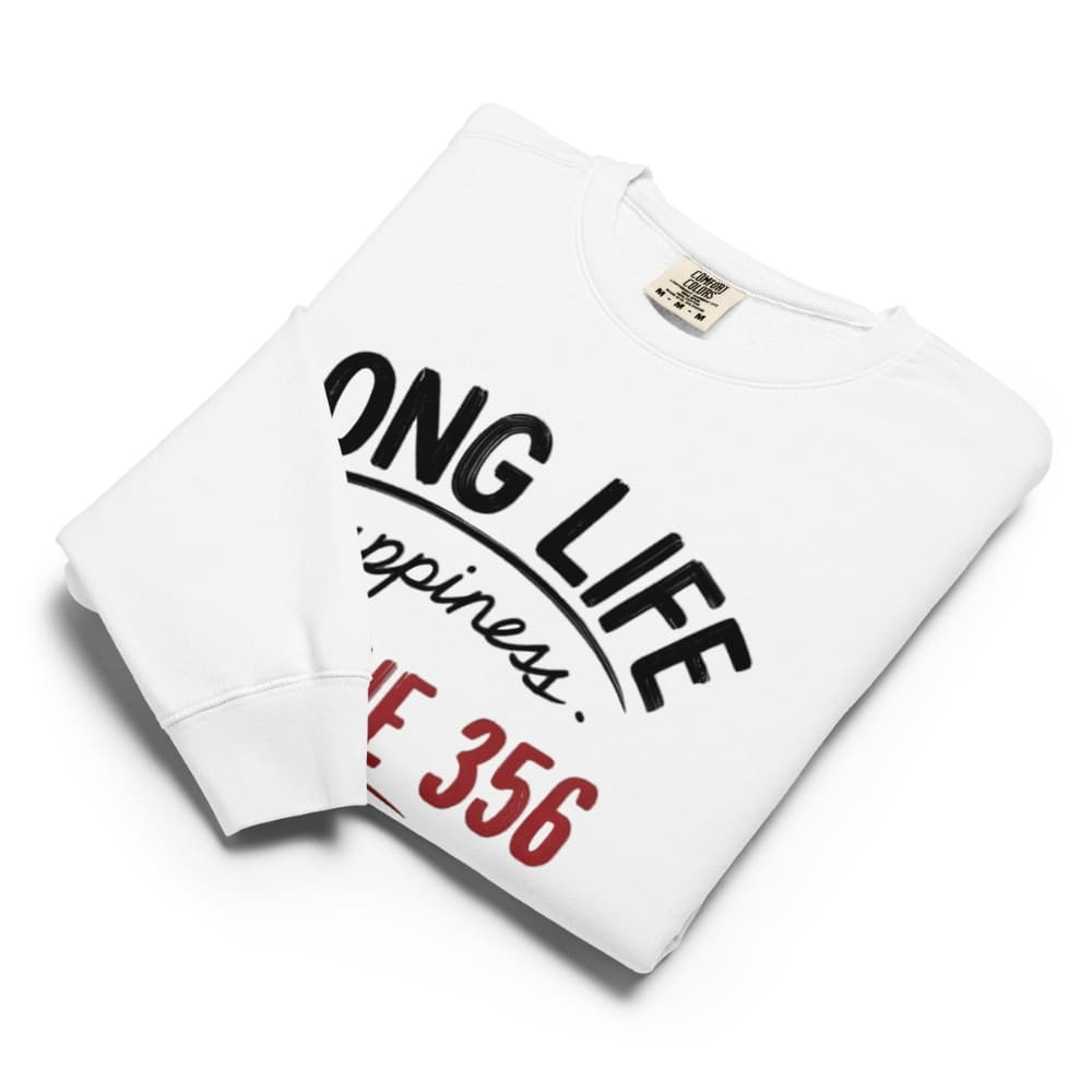 White sweatshirt with text design on a white background