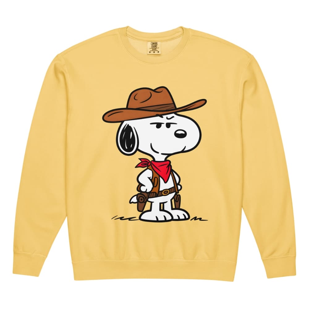 Yellow sweatshirt with a cartoon character wearing a cowboy hat and boots on a white background