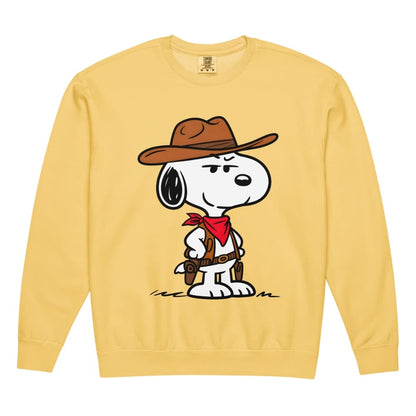 Yellow sweatshirt with a cartoon character wearing a cowboy hat and boots on a white background