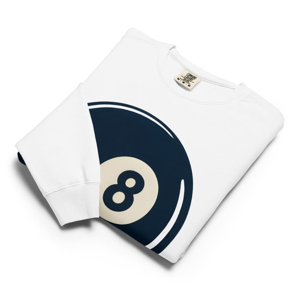 White sweatshirt with a navy blue and beige eight-ball design on a white background