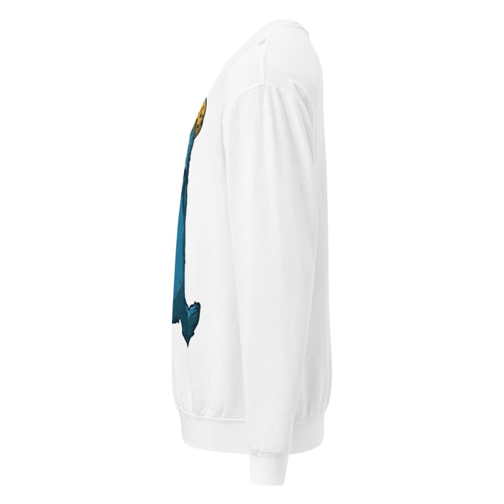 White sweatshirt with a blue drawstring on a white background