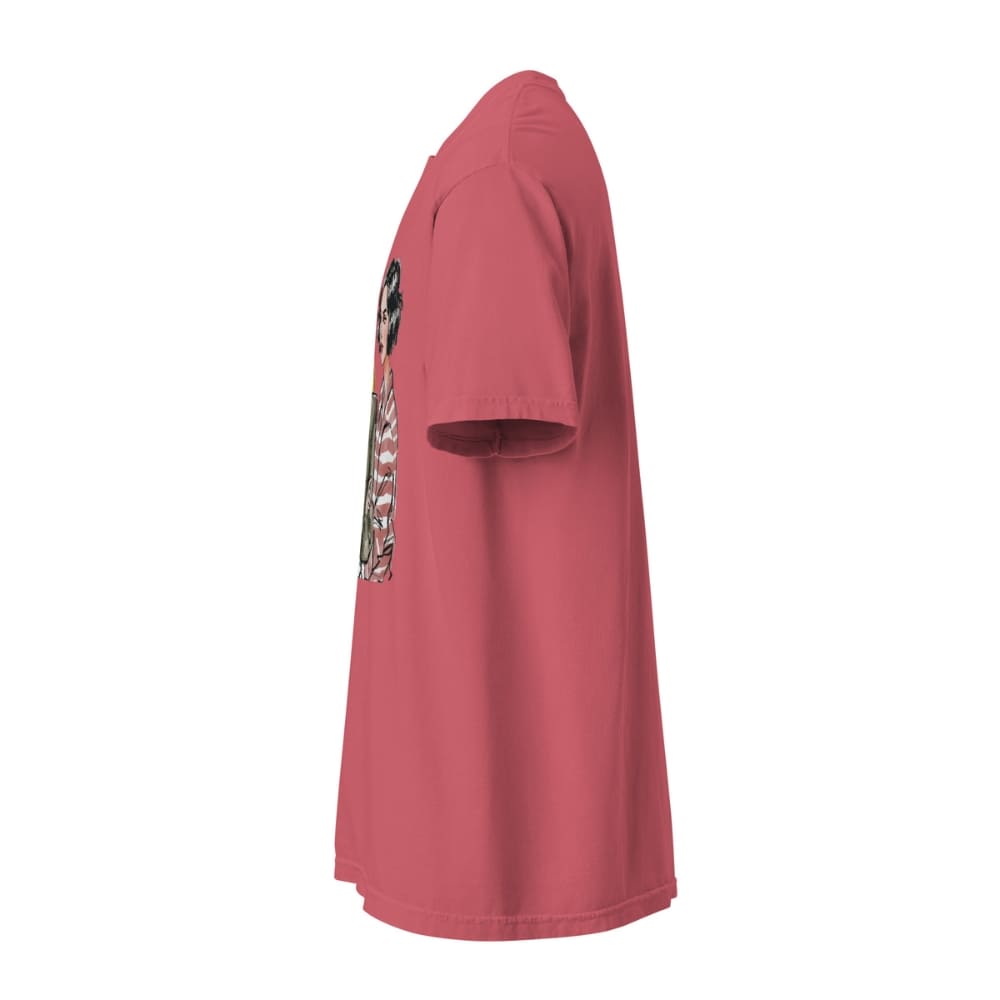 Pink t-shirt with colorful patches on a white background