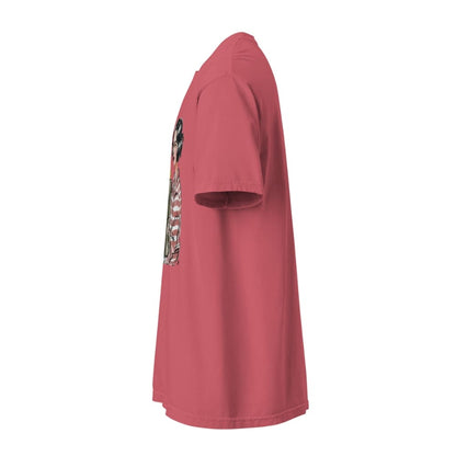 Pink t-shirt with colorful patches on a white background