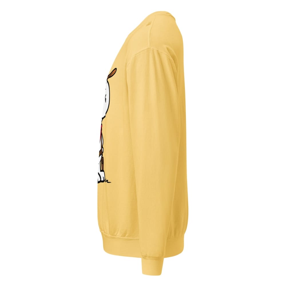 Yellow sweatshirt with a graphic design on the sleeve against a white background