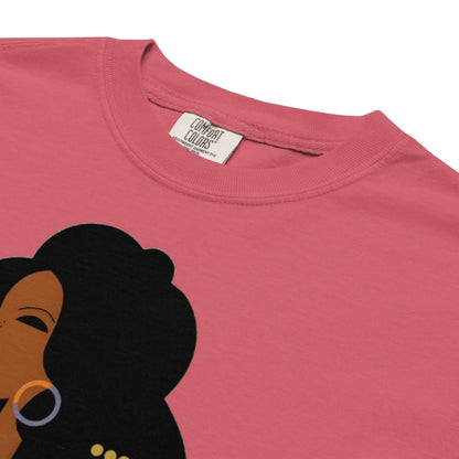 Pink t-shirt with a graphic of a woman with an afro and 'Comfort Colors' label.
