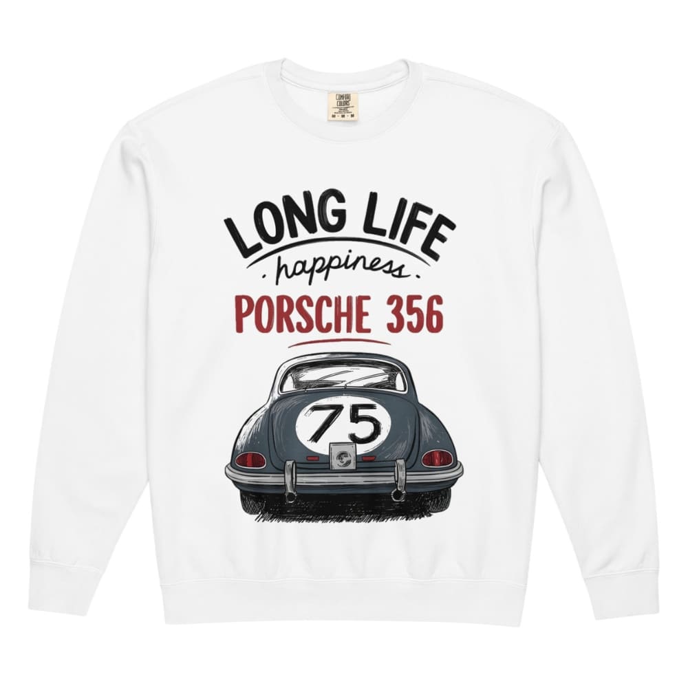 White long-sleeve shirt with Porsche 356 design and text on a white background