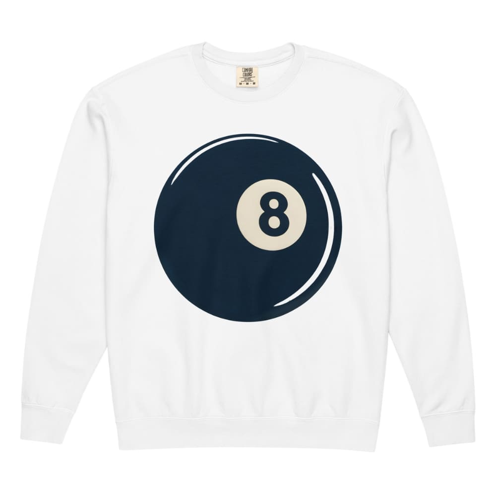 White long-sleeve shirt with a navy blue eight-ball design on a white background