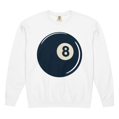 White long-sleeve shirt with a navy blue eight-ball design on a white background