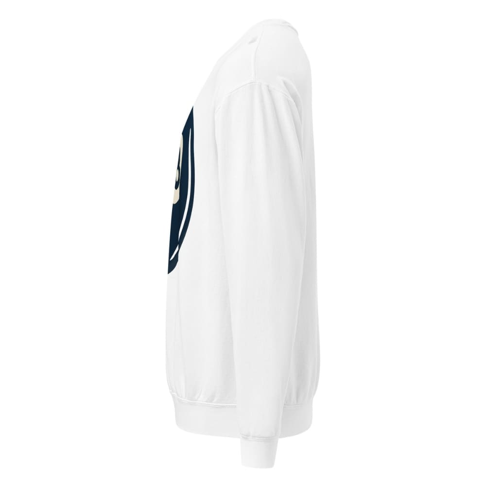 White long-sleeve shirt with a logo on the sleeve against a white background